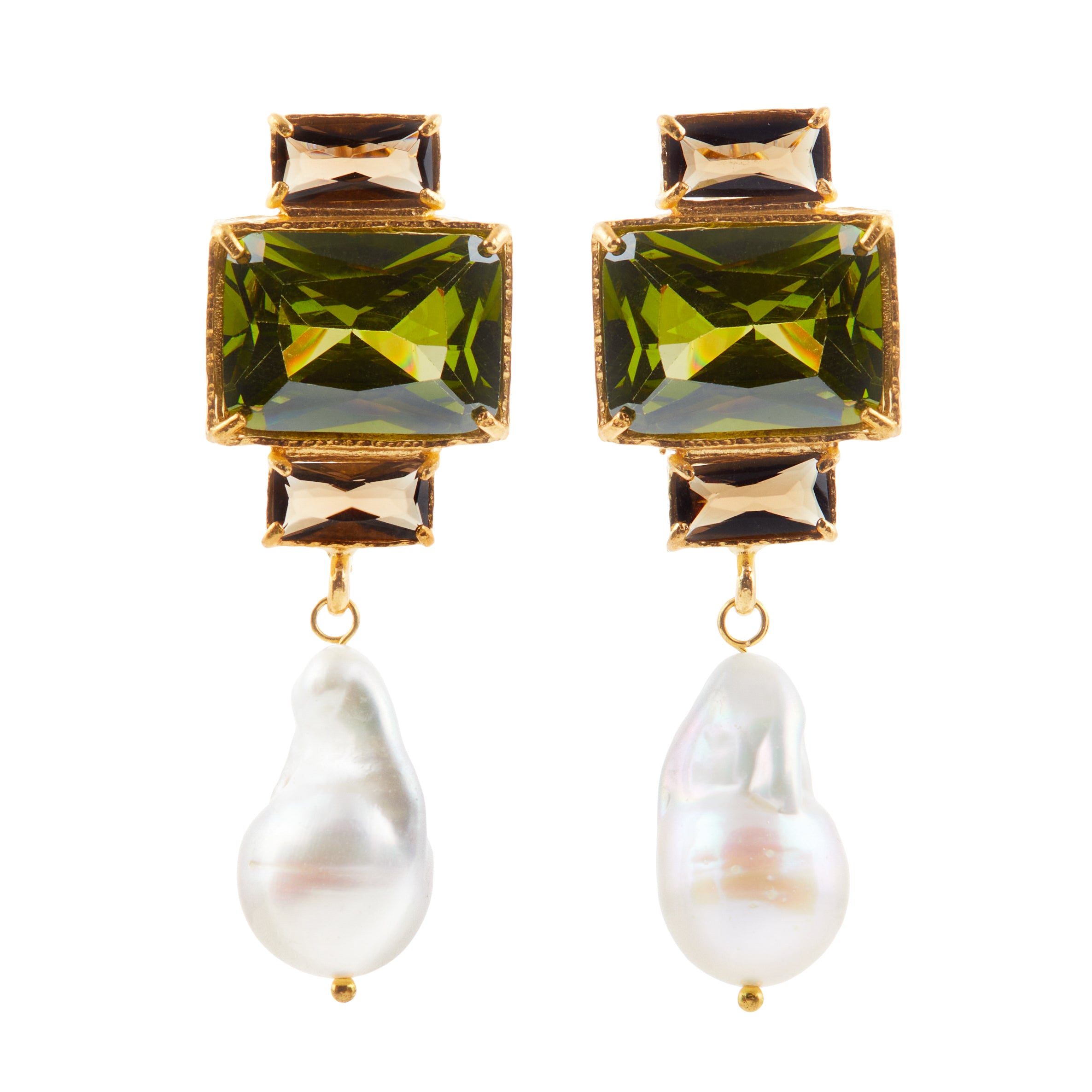 Christie Nicolaides Bambina Earrings, in Dark Green & brown crystals, 24k gold plated