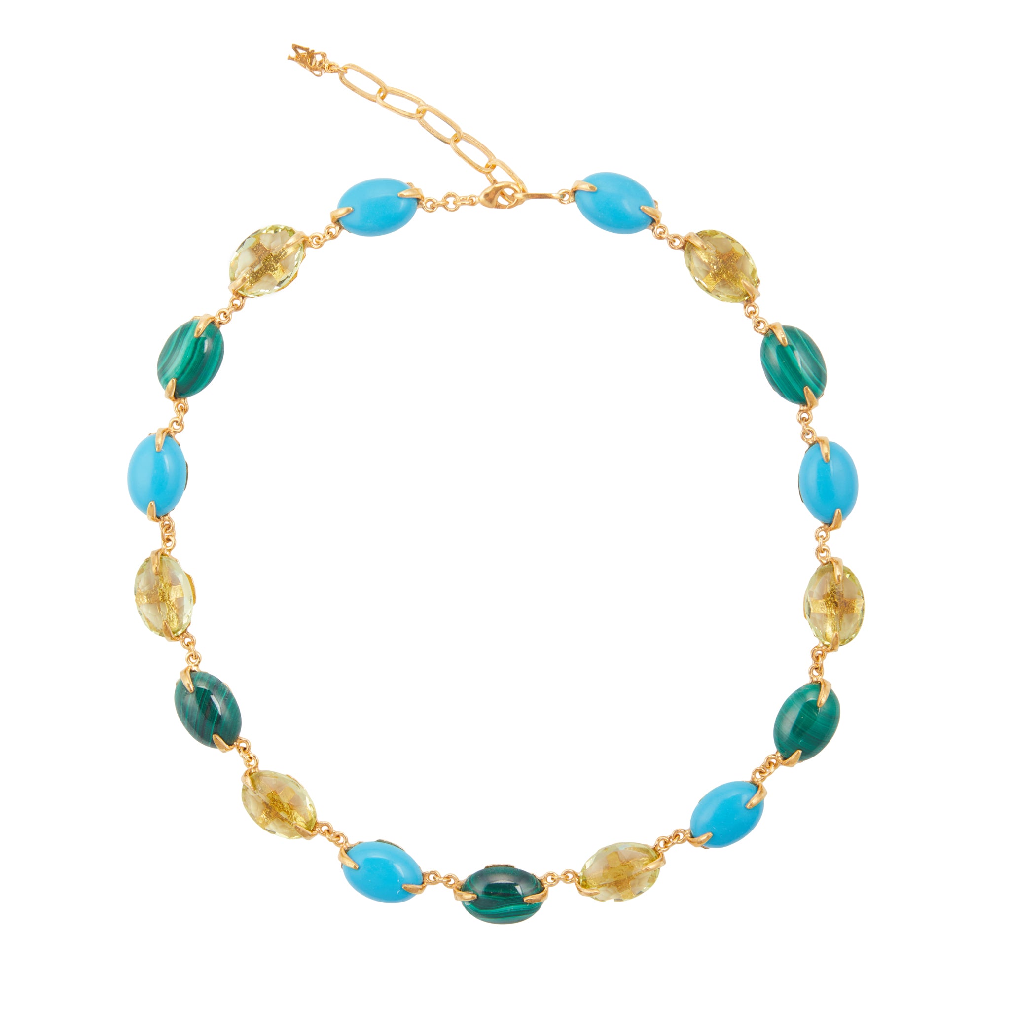 Christie Nicolaides Anna Necklace with blue and green malachite crystals, 24k gold plated