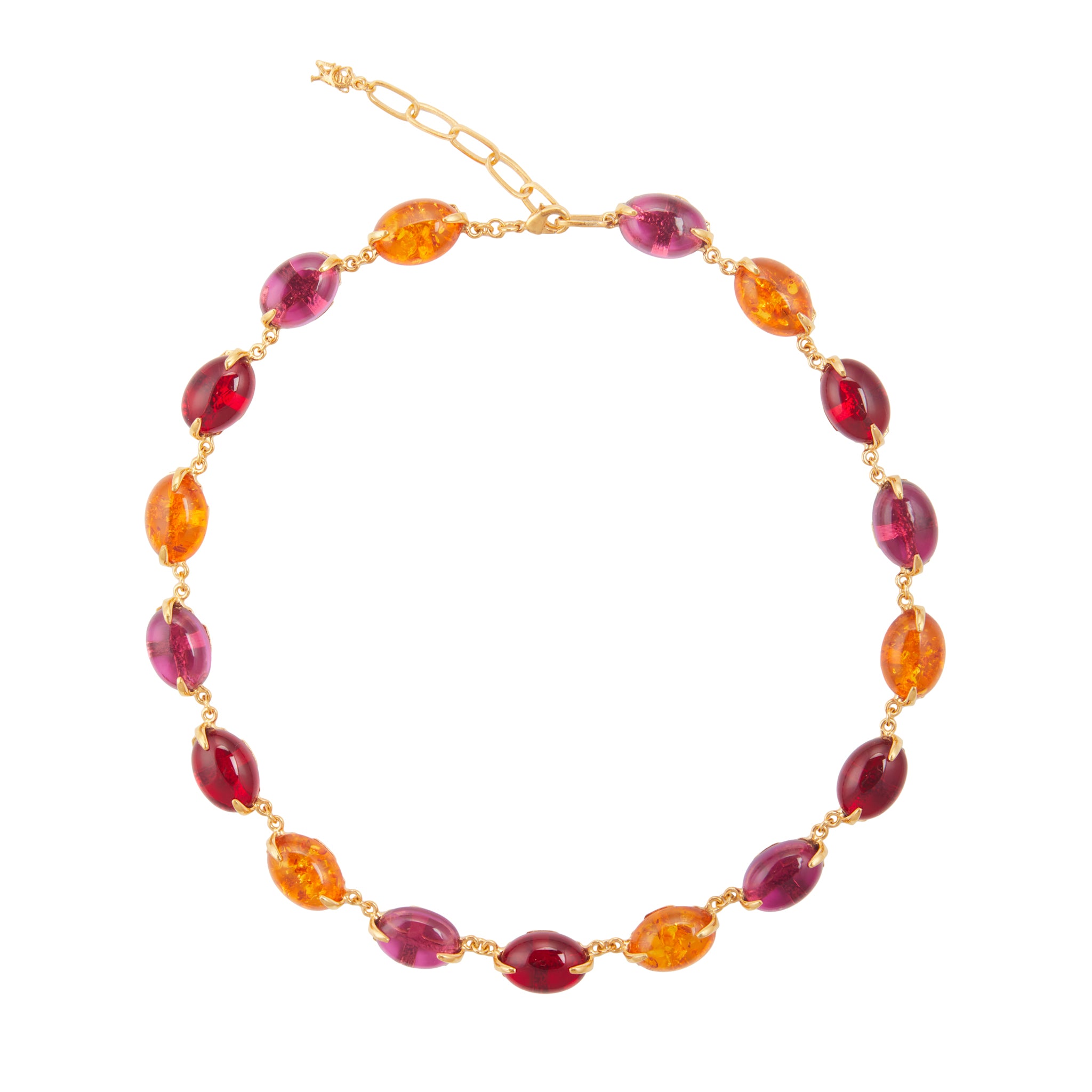 Christie Nicolaides Anna Necklace with hot pink and orange amber crystals, 24k gold plated