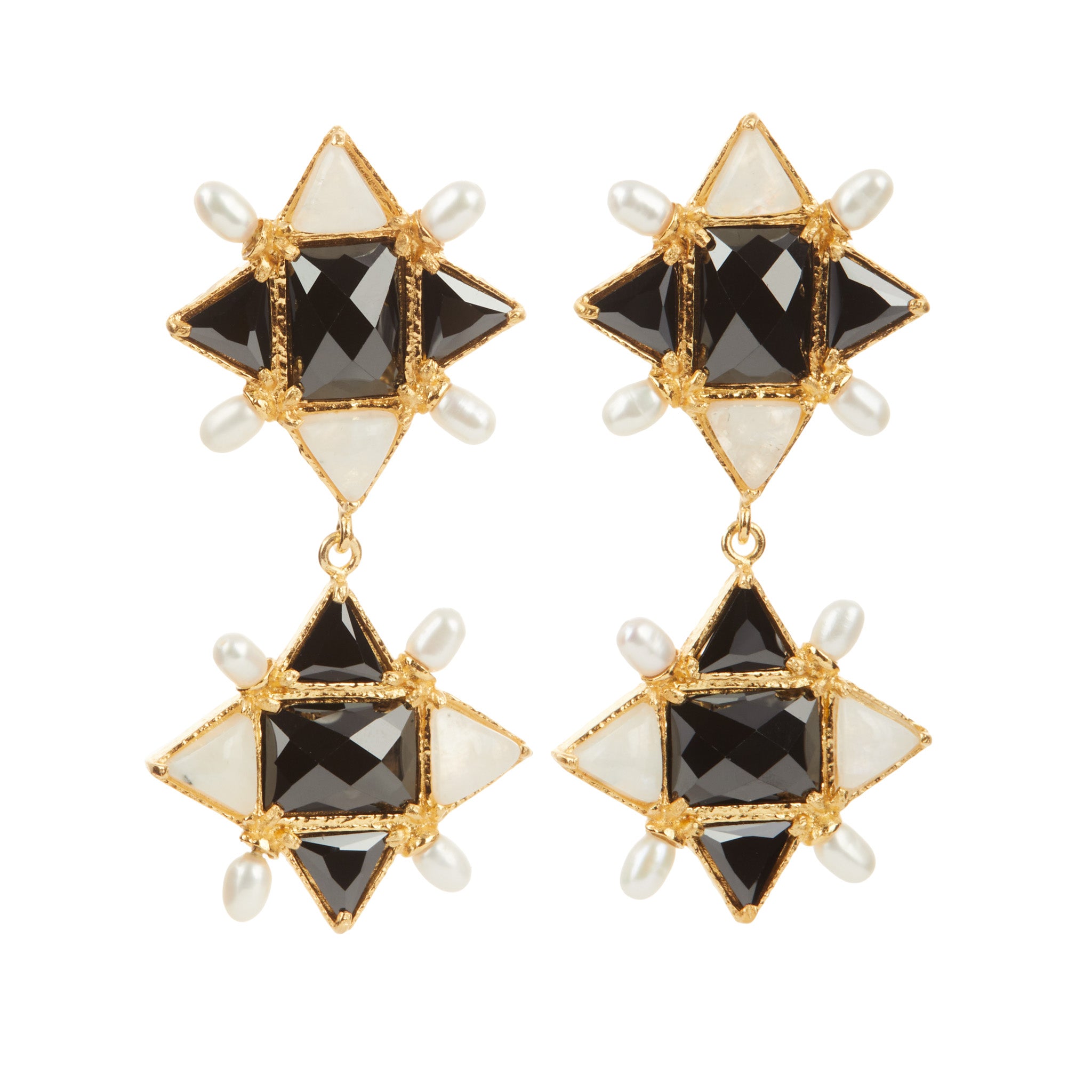 Christie Nicolaides Ariadne Earrings with black crystals, pearl 24k gold plated