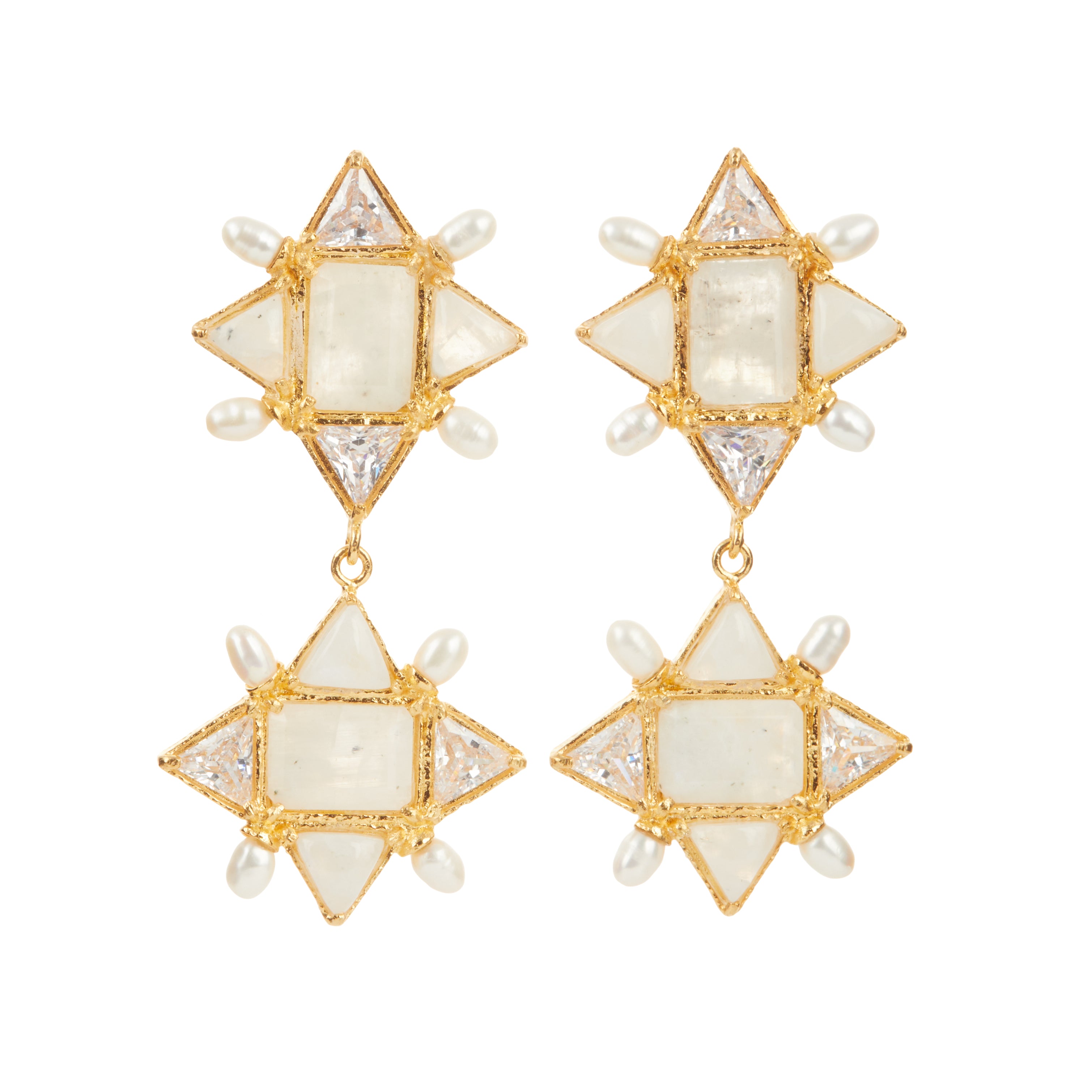 Christie Nicolaides Ariadne Earrings with moonstone crystals, pearl, 24k gold plated