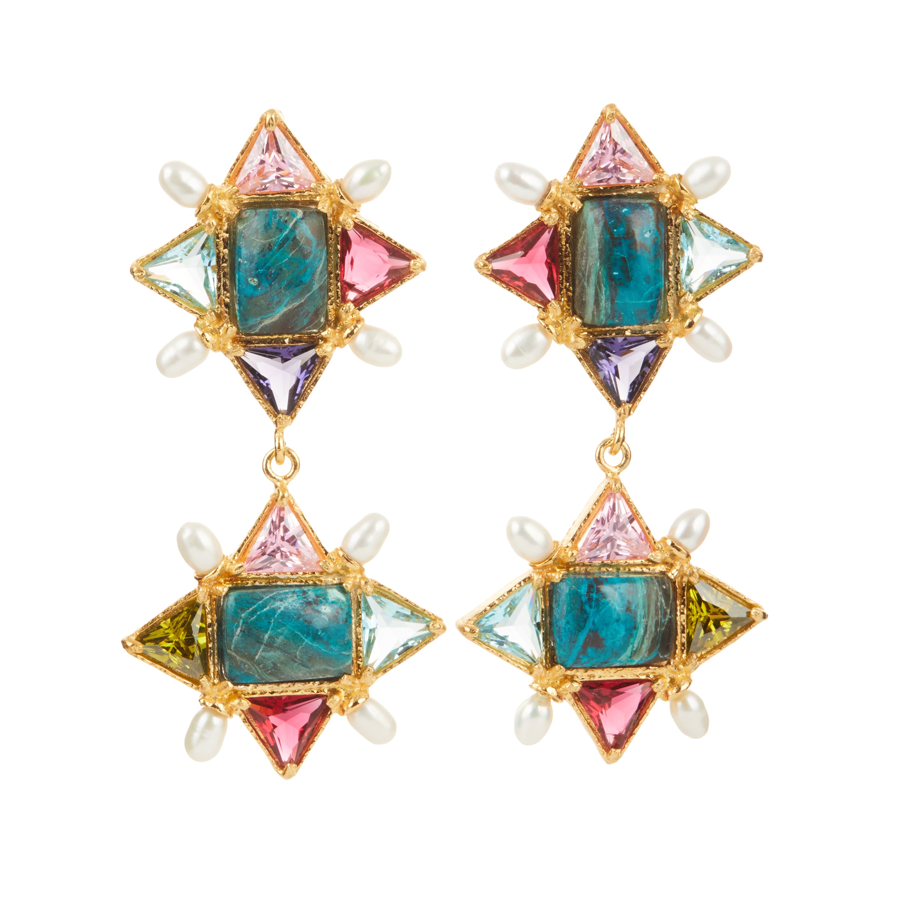 Christie Nicolaides Ariadne Earrings with multicoloured pink, pale pink, green and blue crystals, turquoise, pearl 24k gold plated