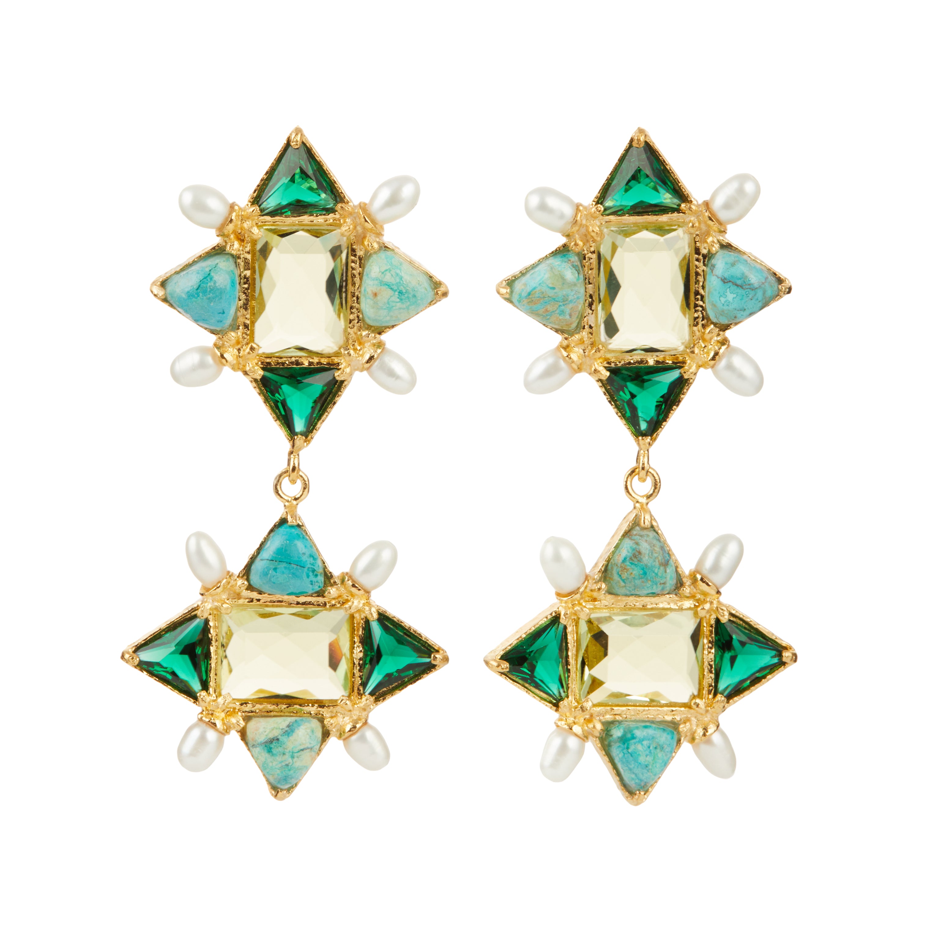 Christie Nicolaides Ariadne Earrings with multicoloured green, light green crystals, turquoise, pearl 24k gold plated