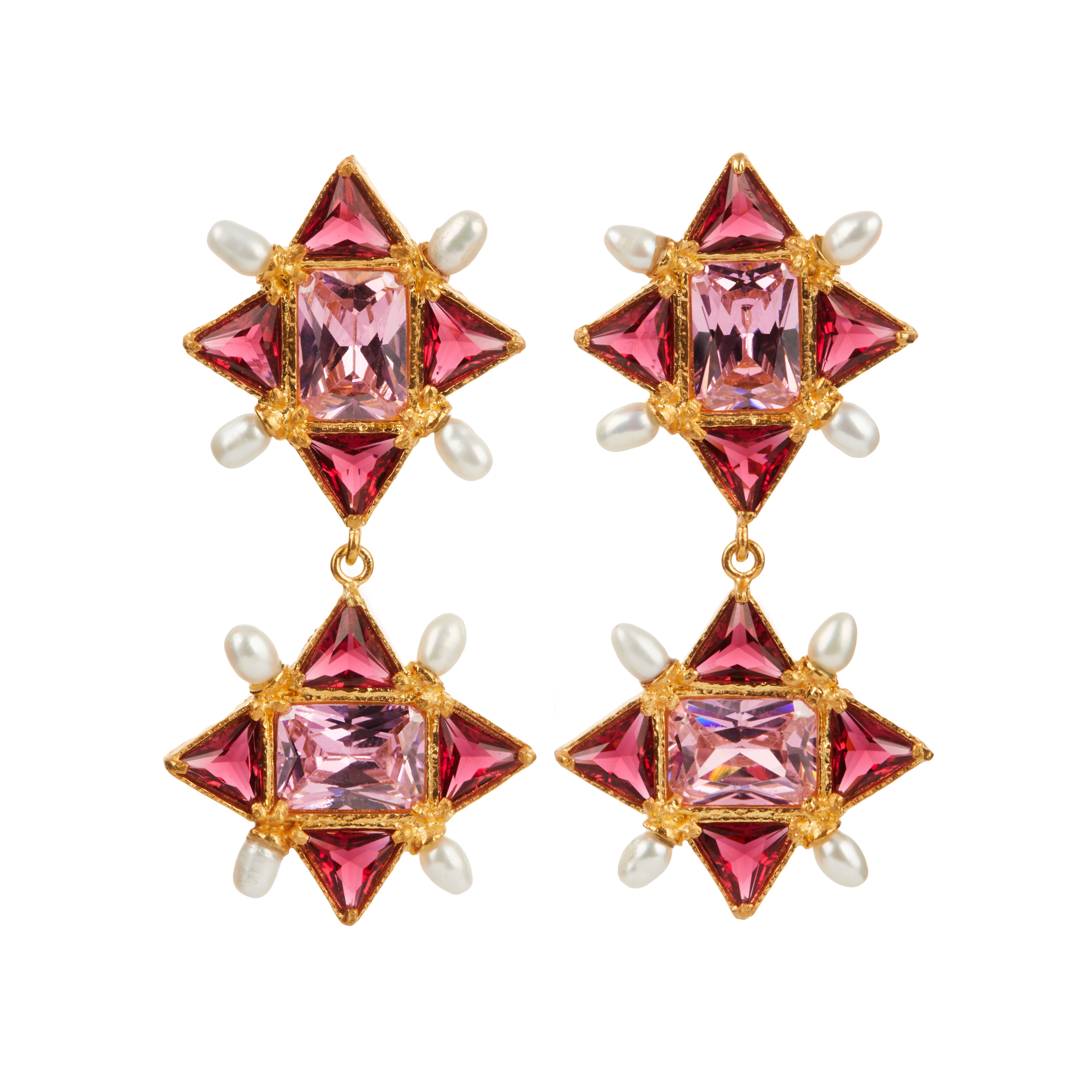 Christie Nicolaides Ariadne Earrings with pale, hot pink hued crystals, pearl, 24k gold plated