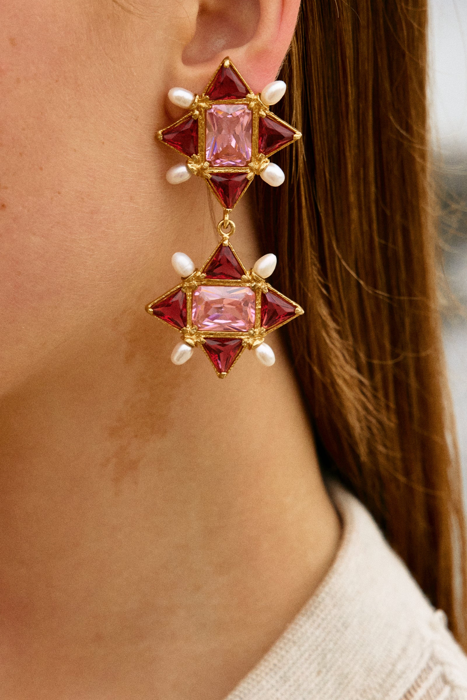 Christie Nicolaides Ariadne Earrings with pale, hot pink hued crystals, pearl, 24k gold plated