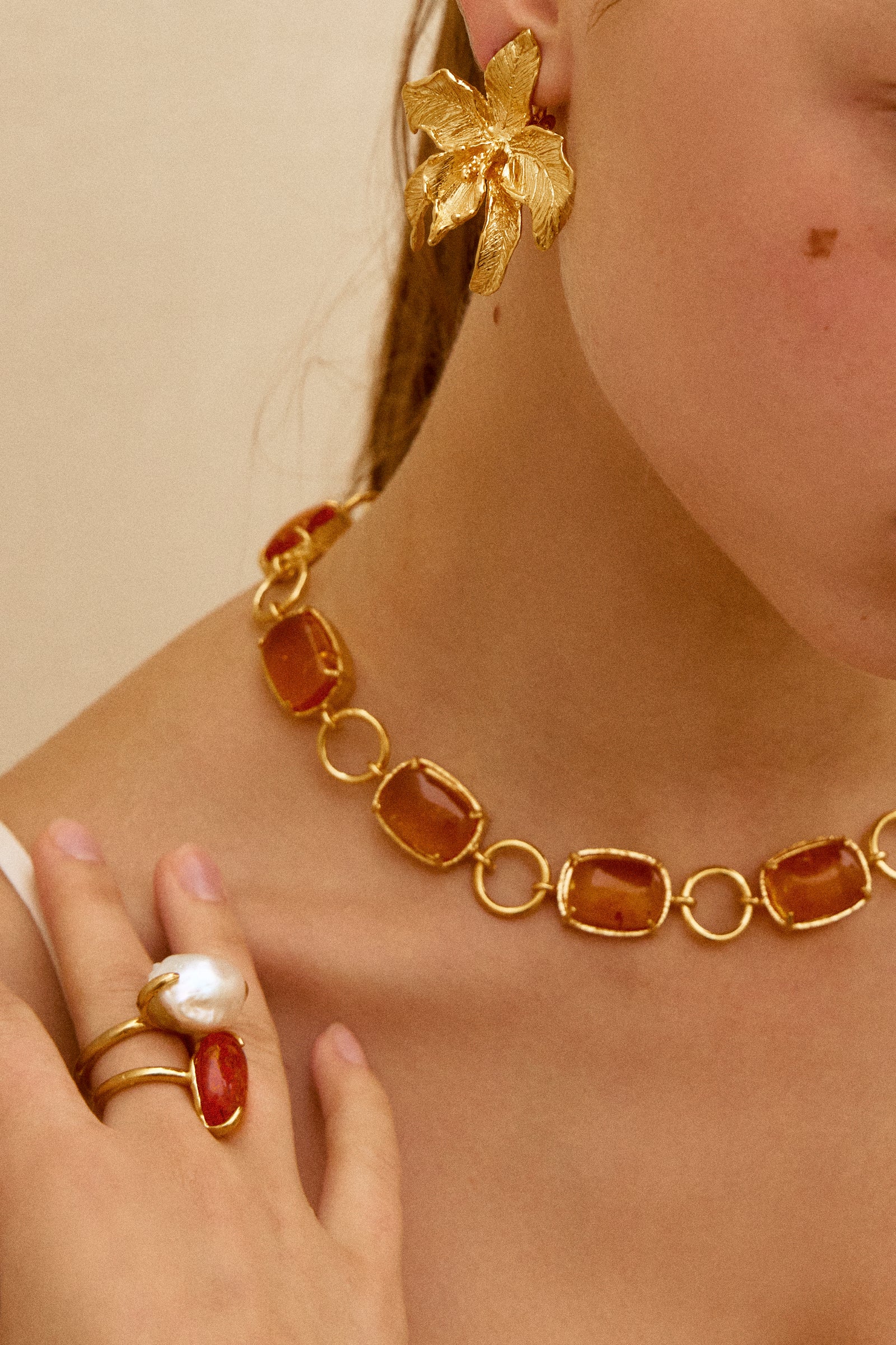 Christie Nicolaides Aurelia Necklace with Amber stones, 24k gold plated