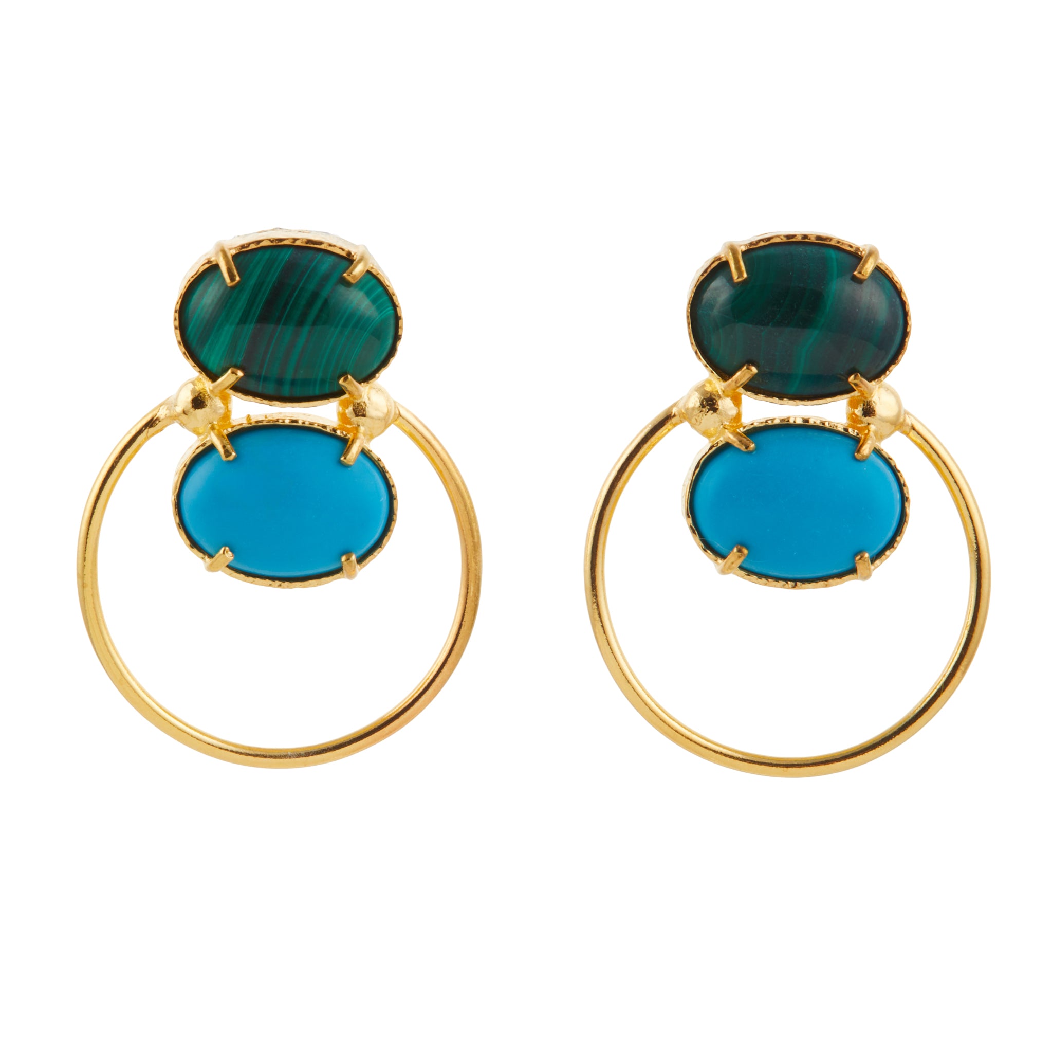 Christie Nicolaides Avertine statement earrings with green malachite and blue stones and baroque freshwater pearl, 24k gold plated