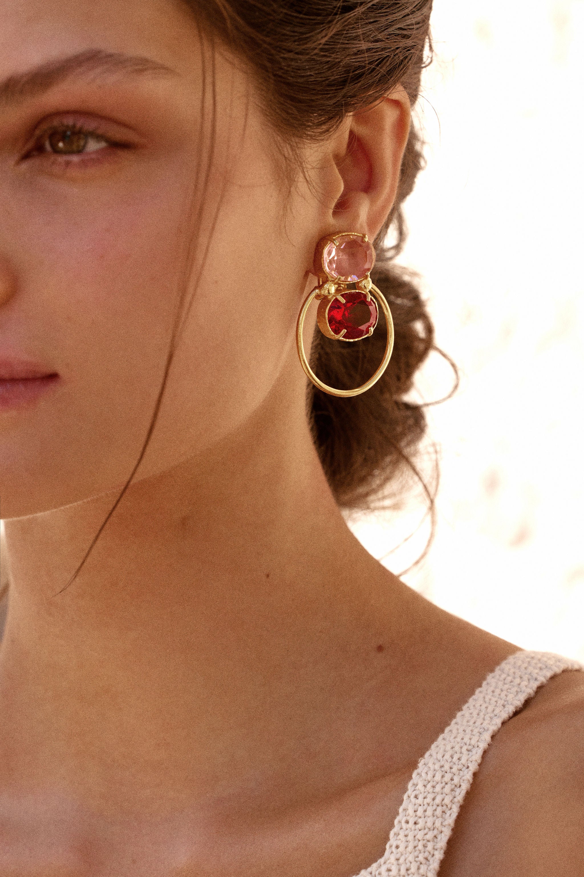 Christie Nicolaides Avertine earrings with pale pink and red stones, 24k gold plated