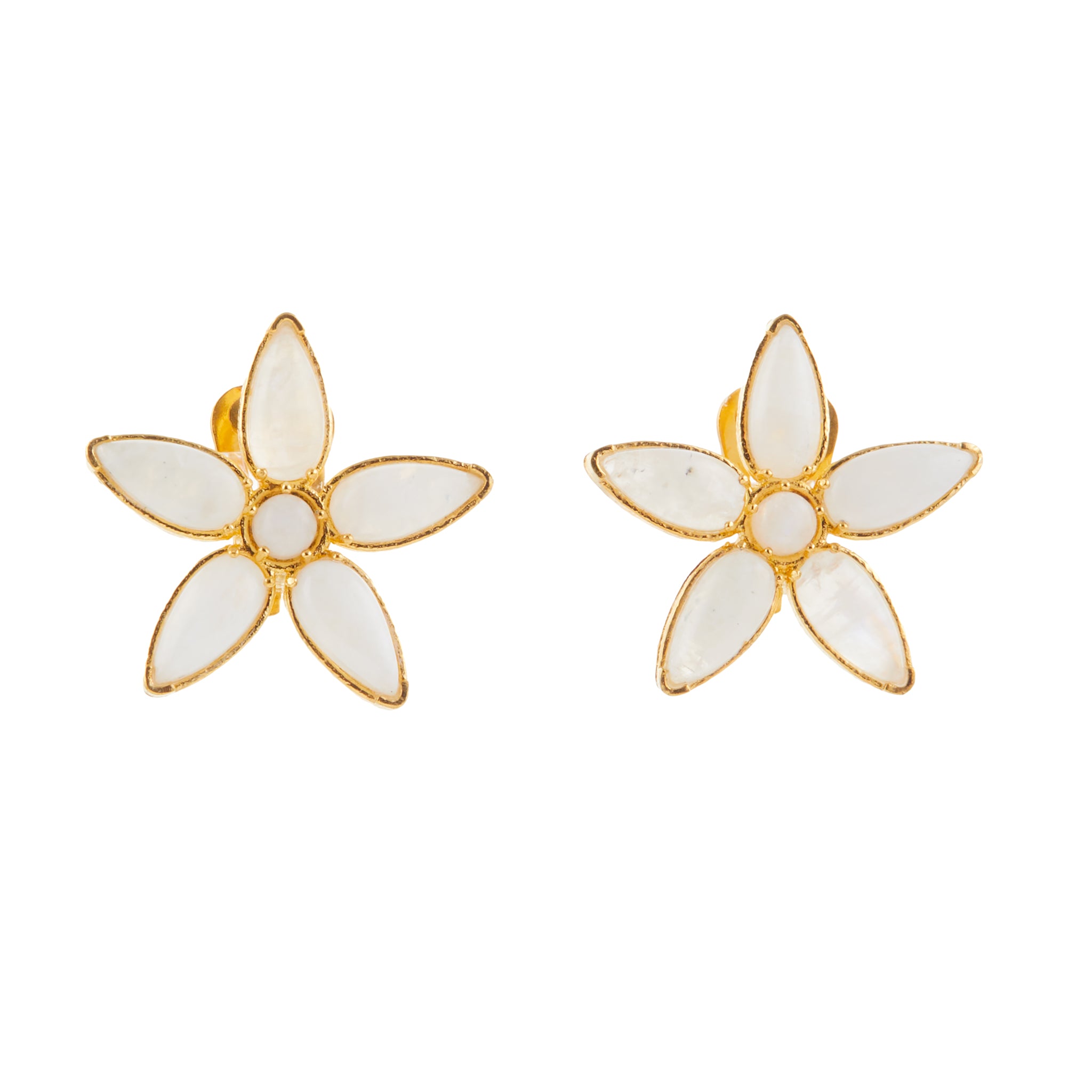 Christie Nicolaides Azelia flower shaped earring stud with white moonstone crystals, 24k gold plated