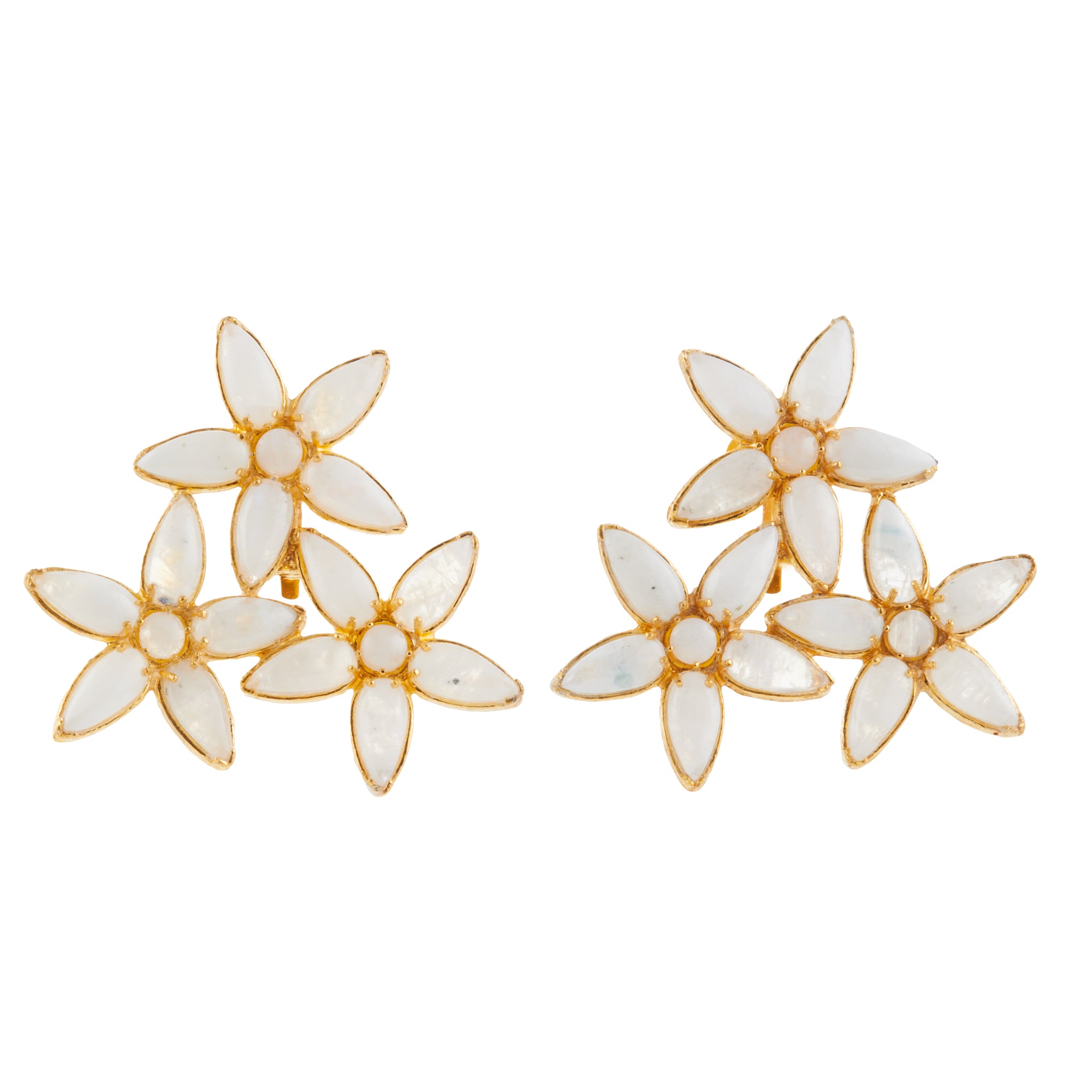 Christie Nicolaides Calanthe flower shaped statement earring with white moonstone crystals, 24k gold plated