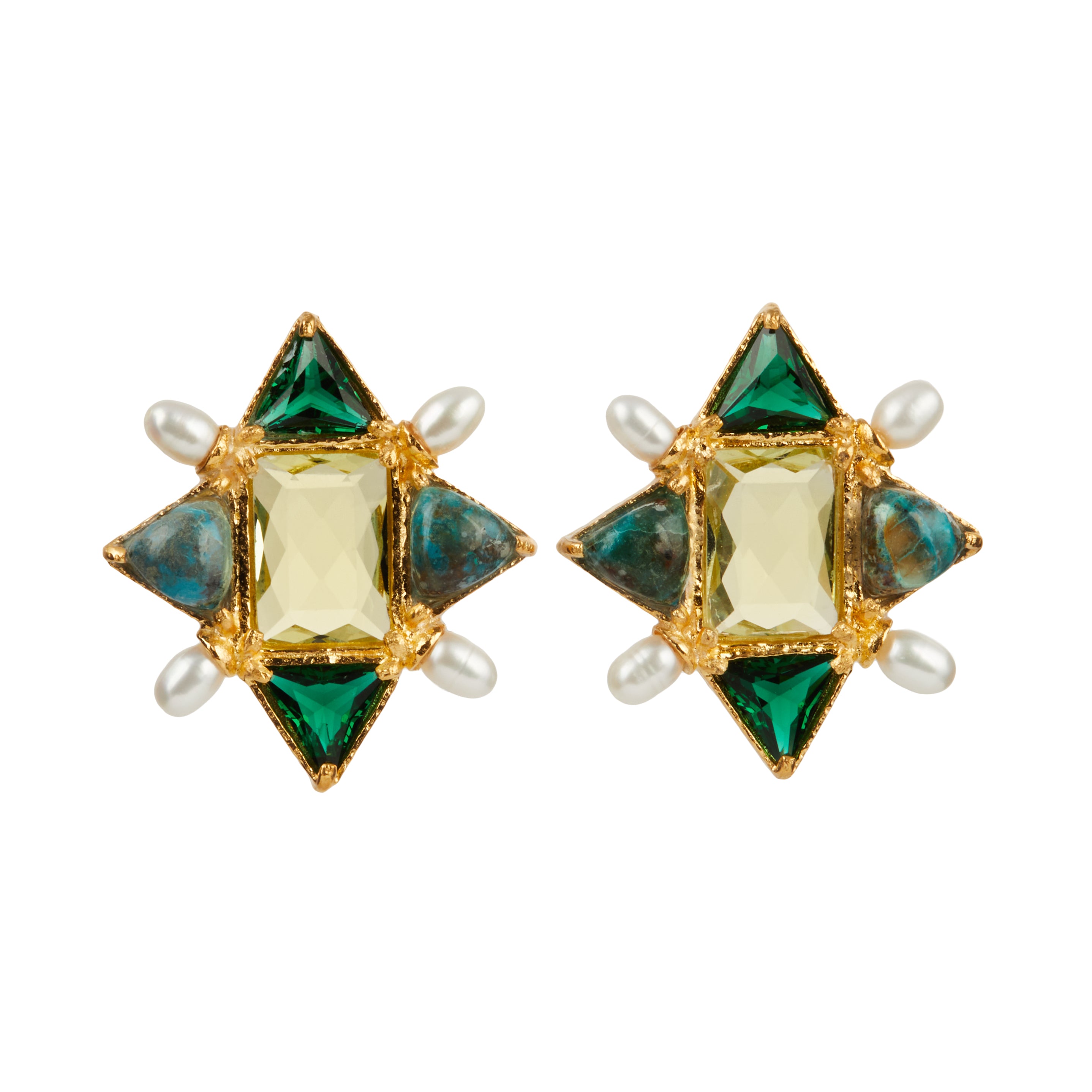 Christie Nicolaides Callista Earrings with green crystals, pearl 24k gold plated