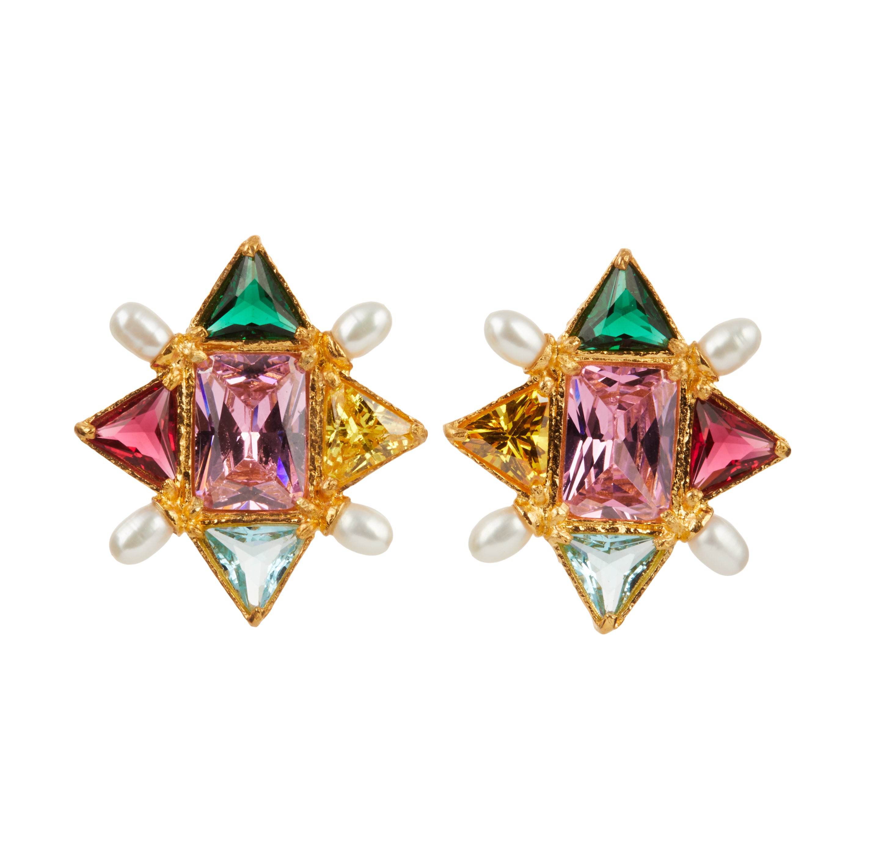 Christie Nicolaides Callista Earrings with multicoloured pink, pale pink, yellow, green and blue crystals, pearl 24k gold plated
