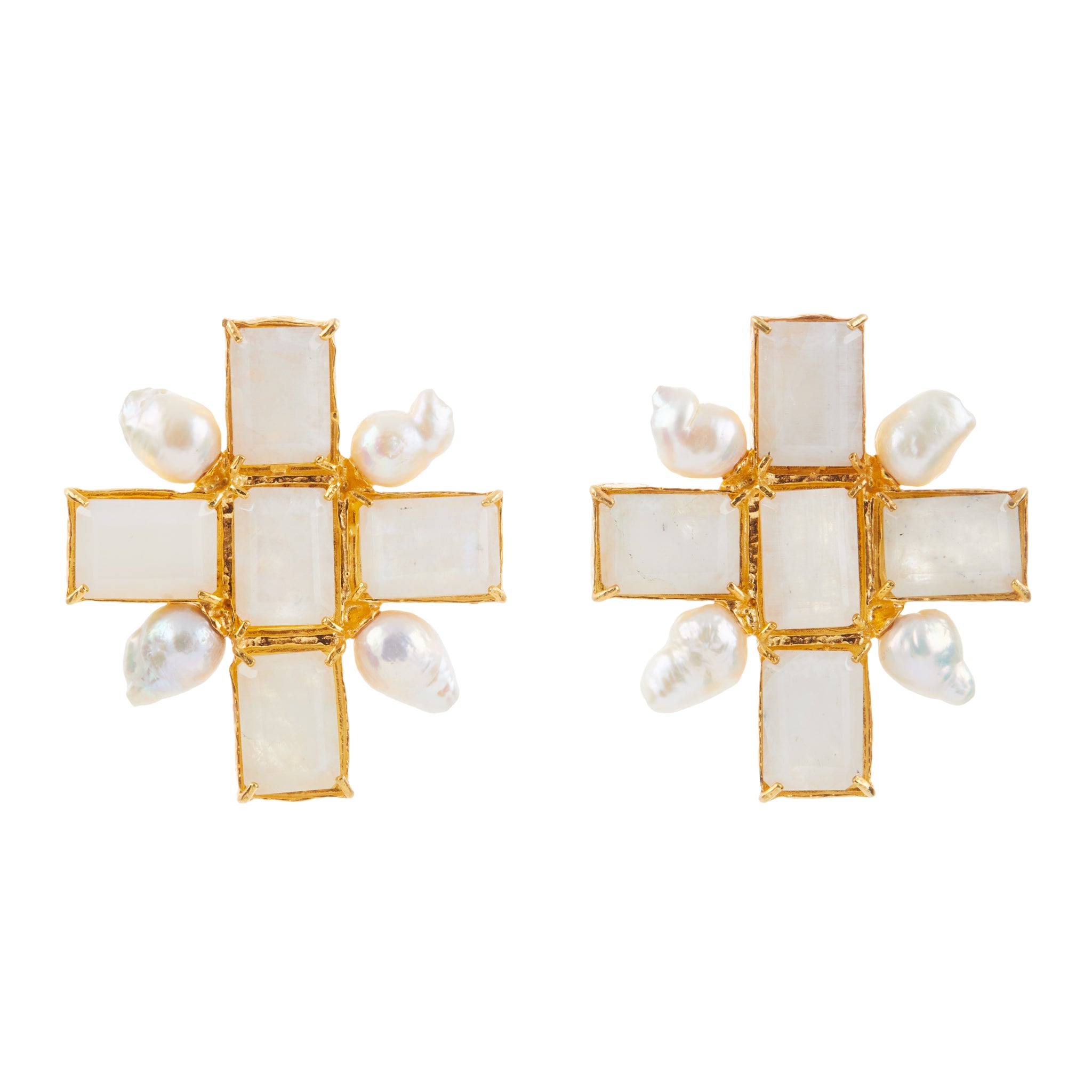 Christie Nicolaides Cinda statement earrings with white moonstone crystals and baroque freshwater pearl, 24k gold plated