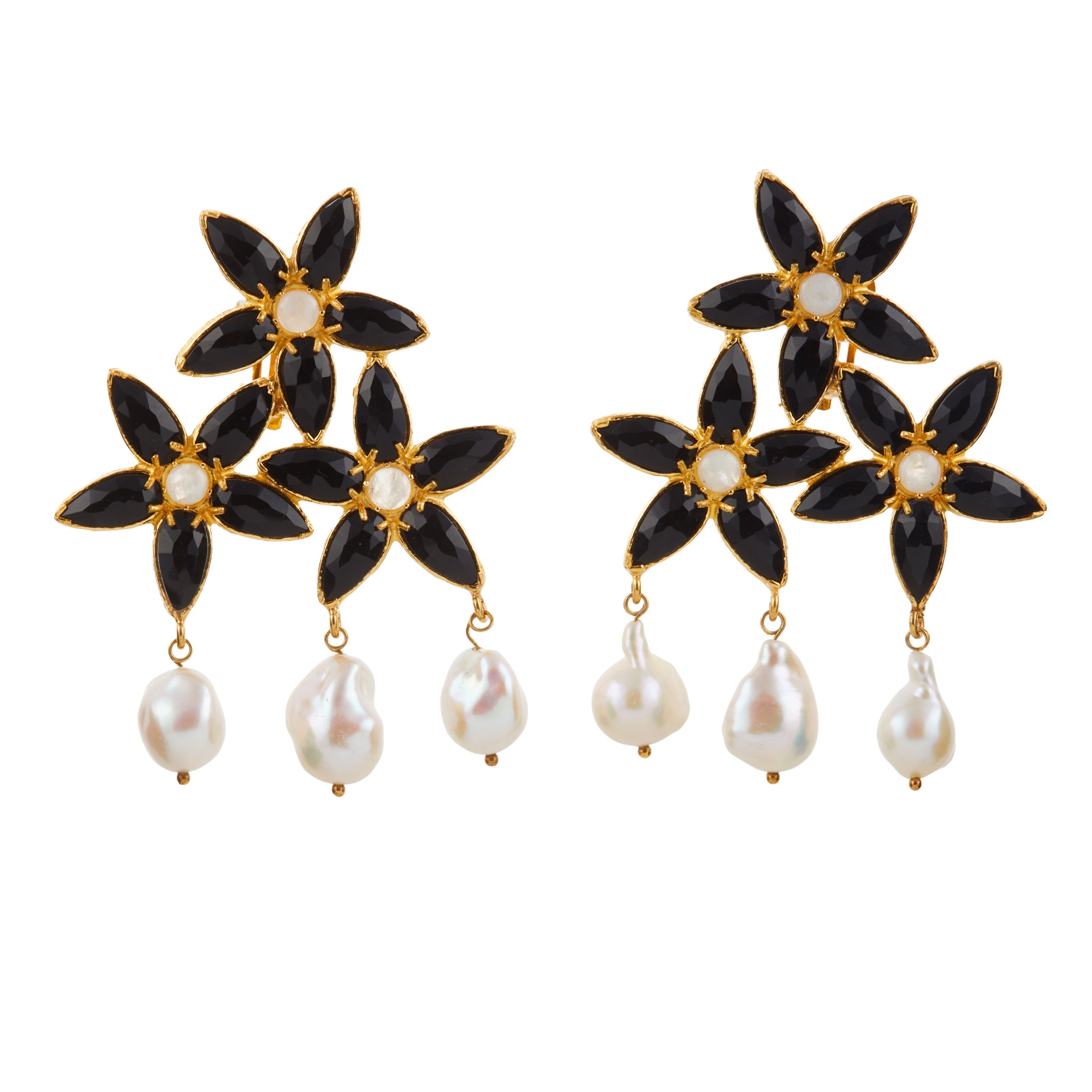 Christie Nicolaides Cleo statement drop earrings with black stones and baroque freshwater pearl, 24k gold plated brass