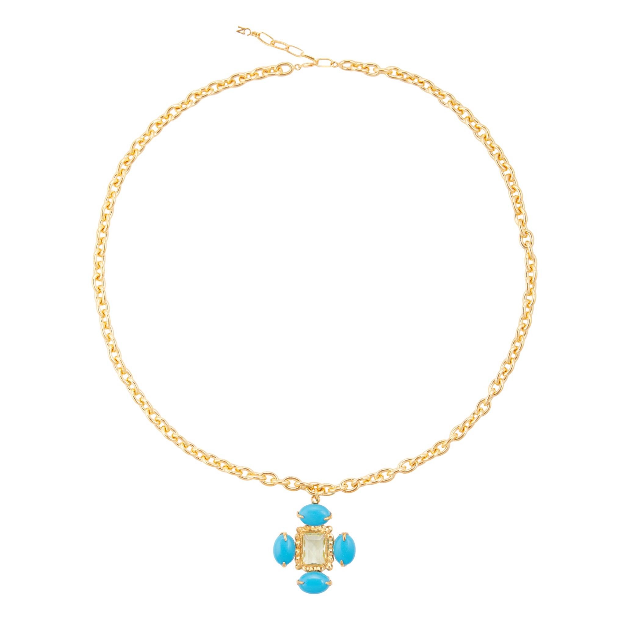 Christie Nicolaides Coco Necklace with blue stones and baroque freshwater pearl, 24k gold plated