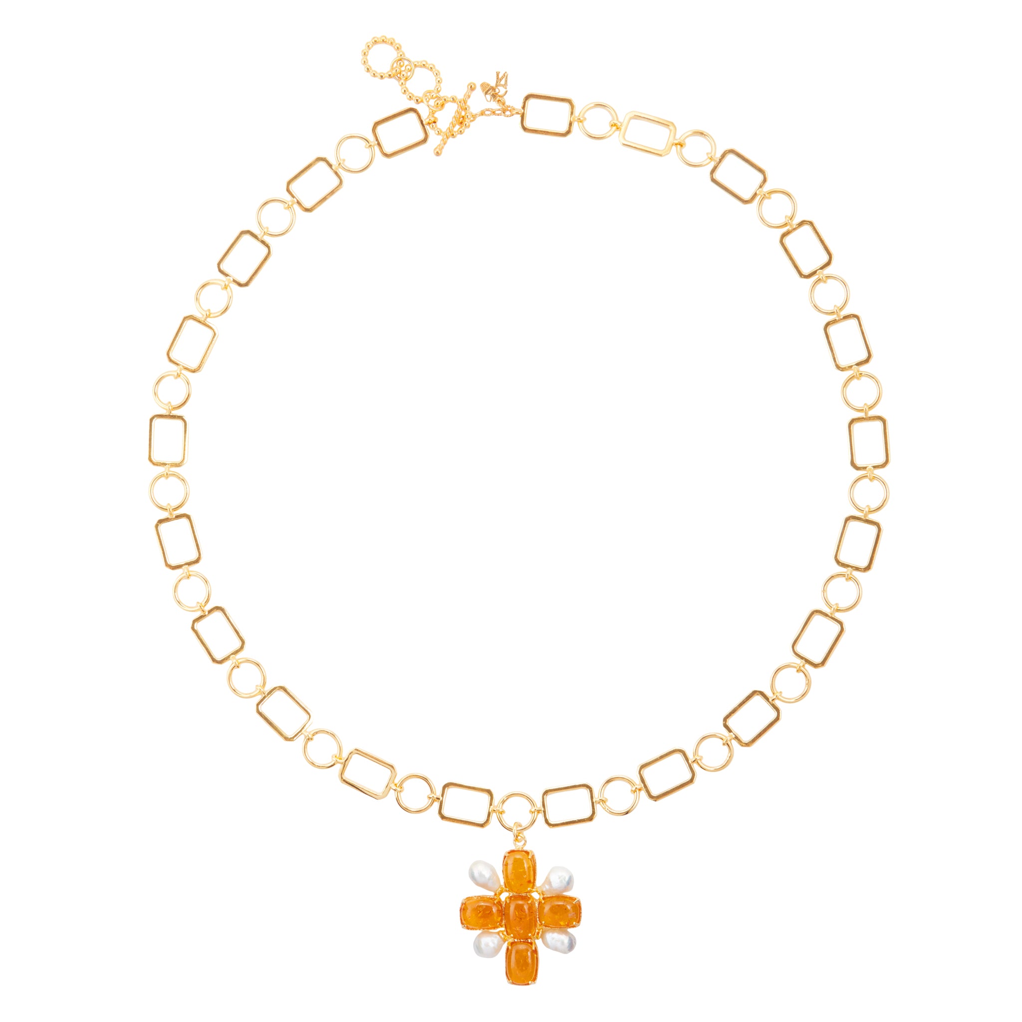 Christie Nicolaides Electra Necklace with white orange amber stones and baroque freshwater pearl, 24k gold plated