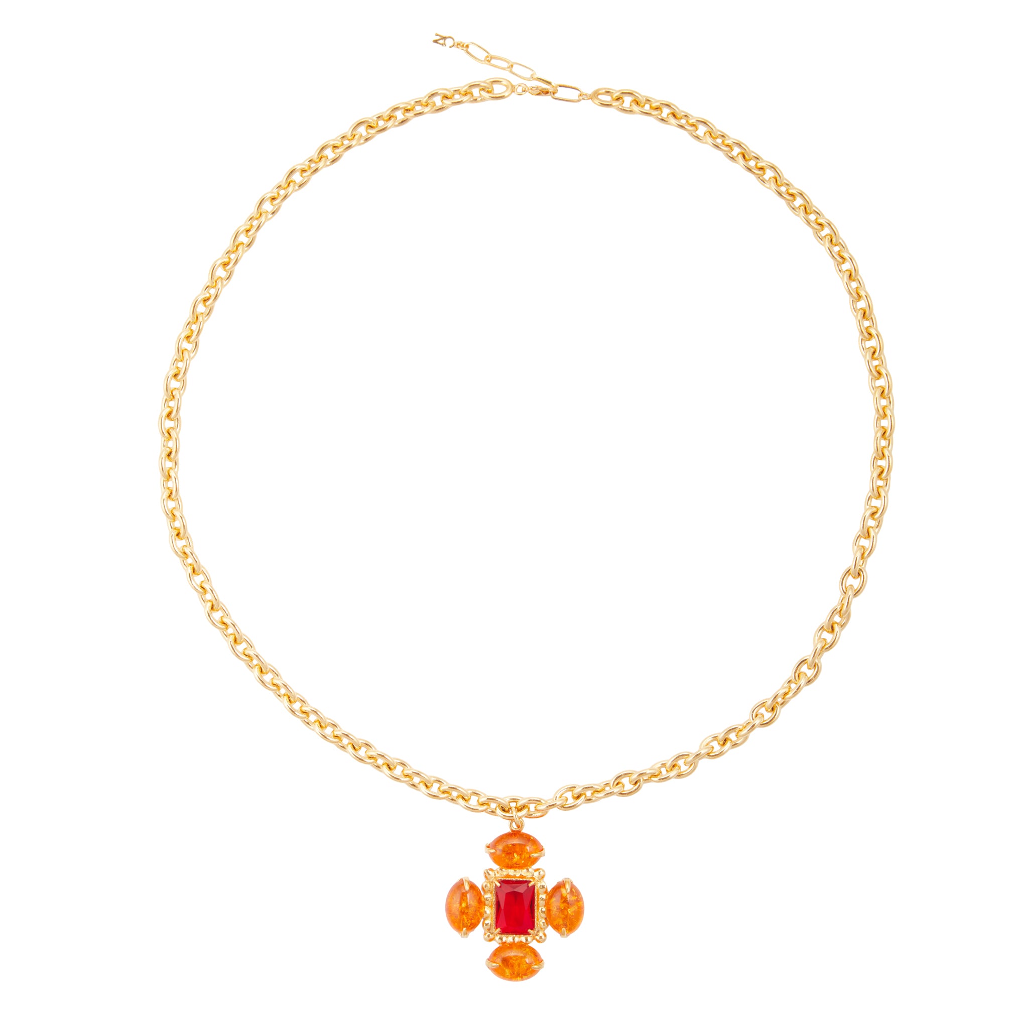 Christie Nicolaides Coco Necklace with orange amber and red stones, 24k gold plated