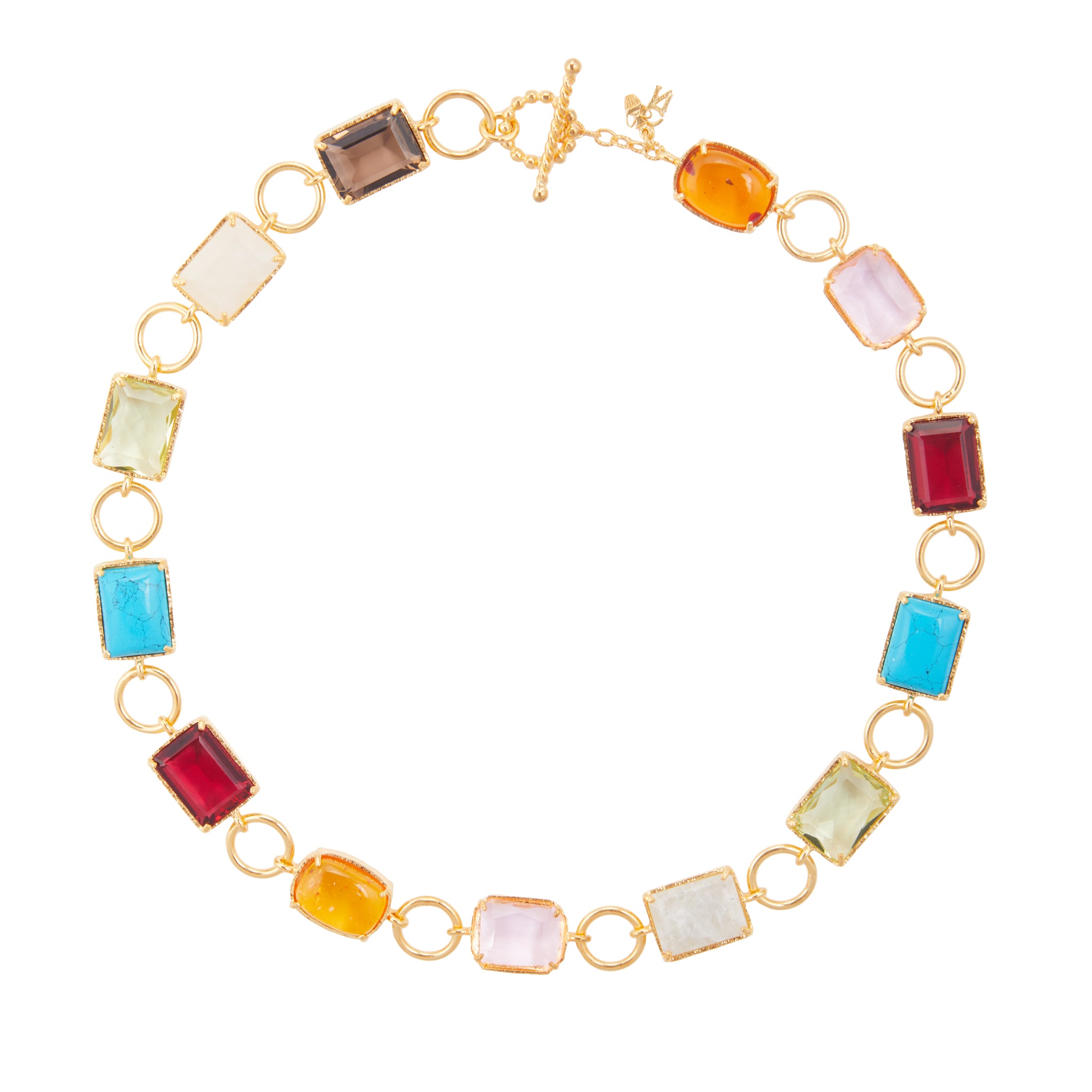 Christie Nicolaides Gia Bold Necklace with multicoloured hot pink, pale pink, green, blue and orange stones, 24k gold plated