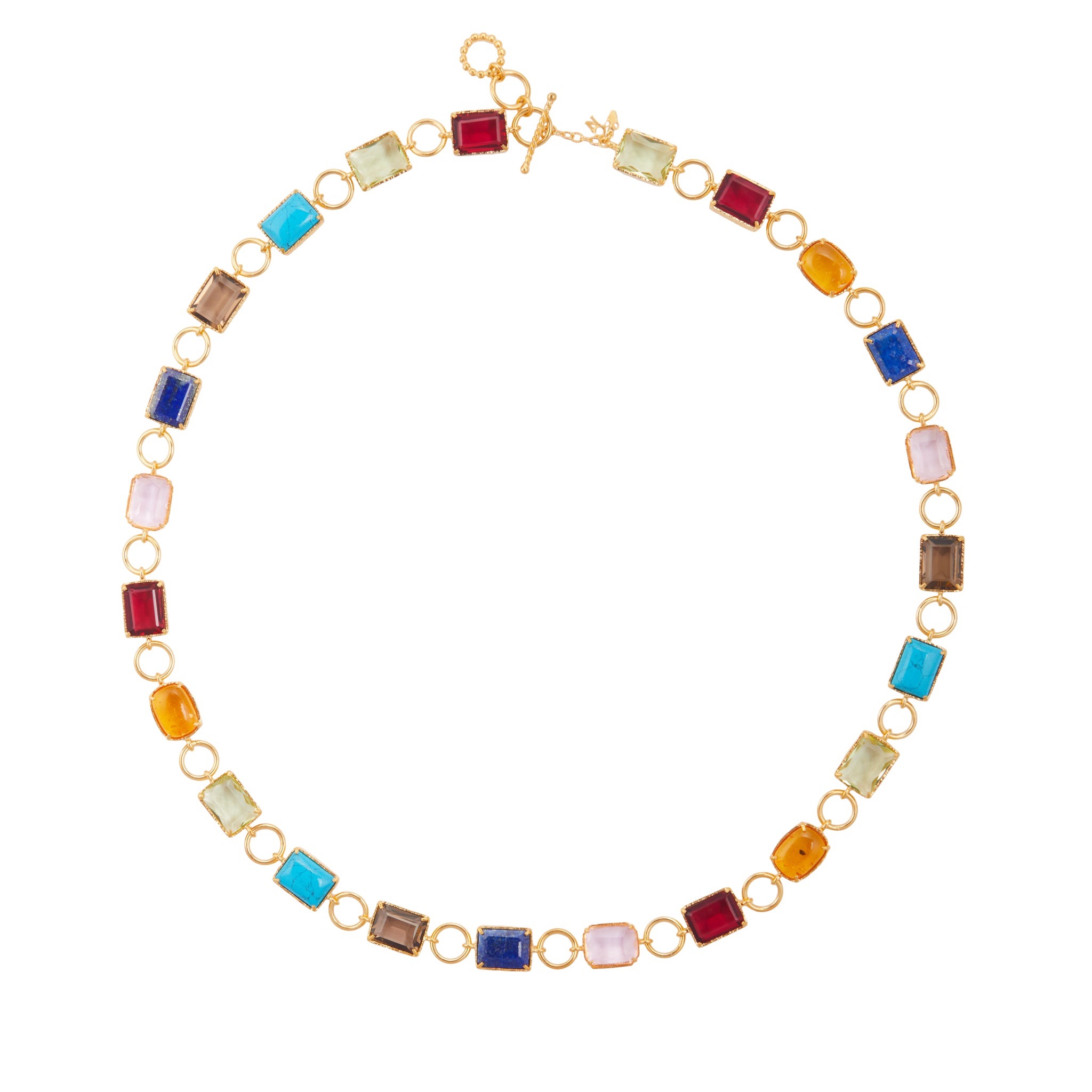 Christie Nicolaides Glika Bold Necklace with multicoloured hot pink, pale pink, green, blue and orange stones, 24k gold plated