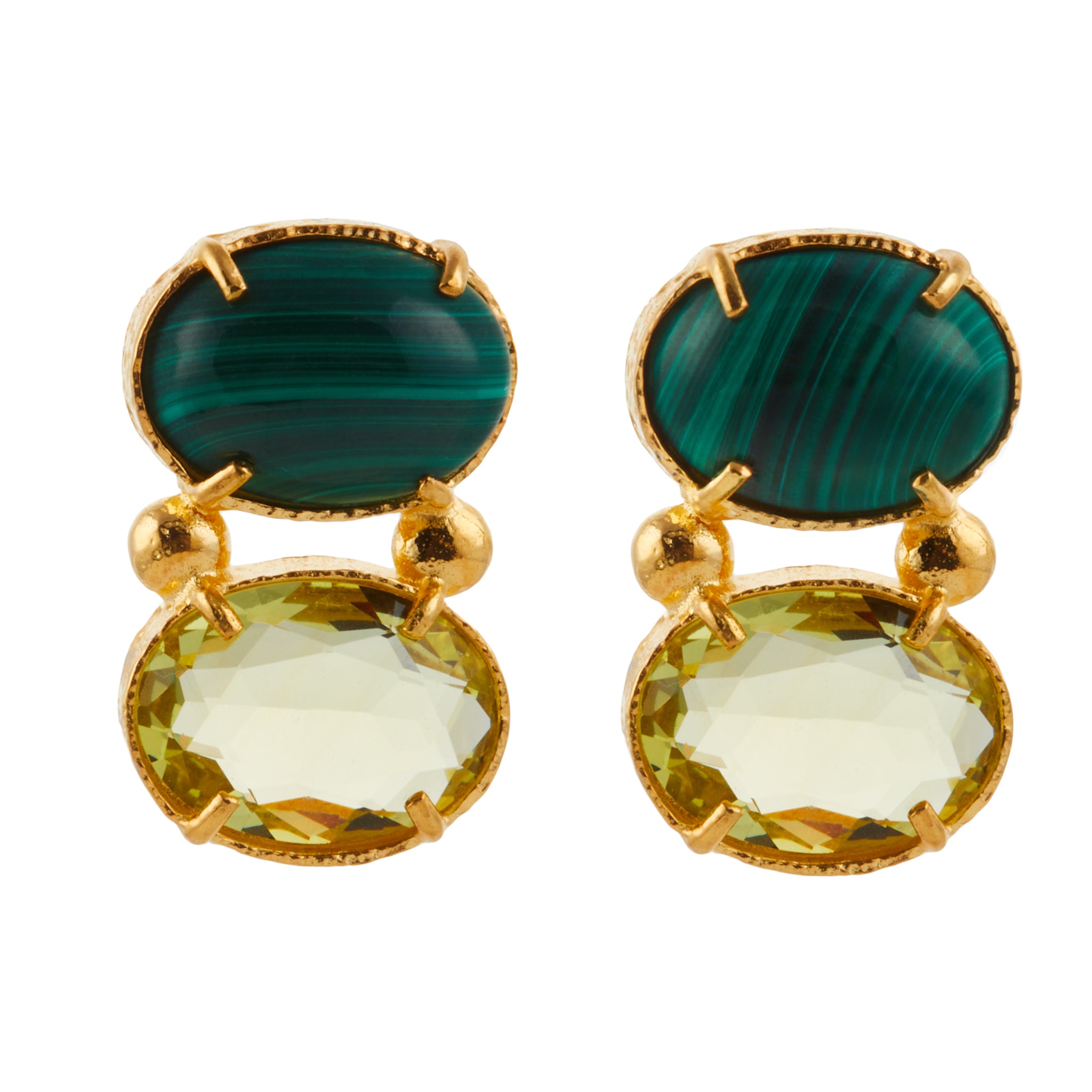 Christie Nicolaides Lolli statement stud earrings with Malachite and green crystal stones, 24k gold plated brass