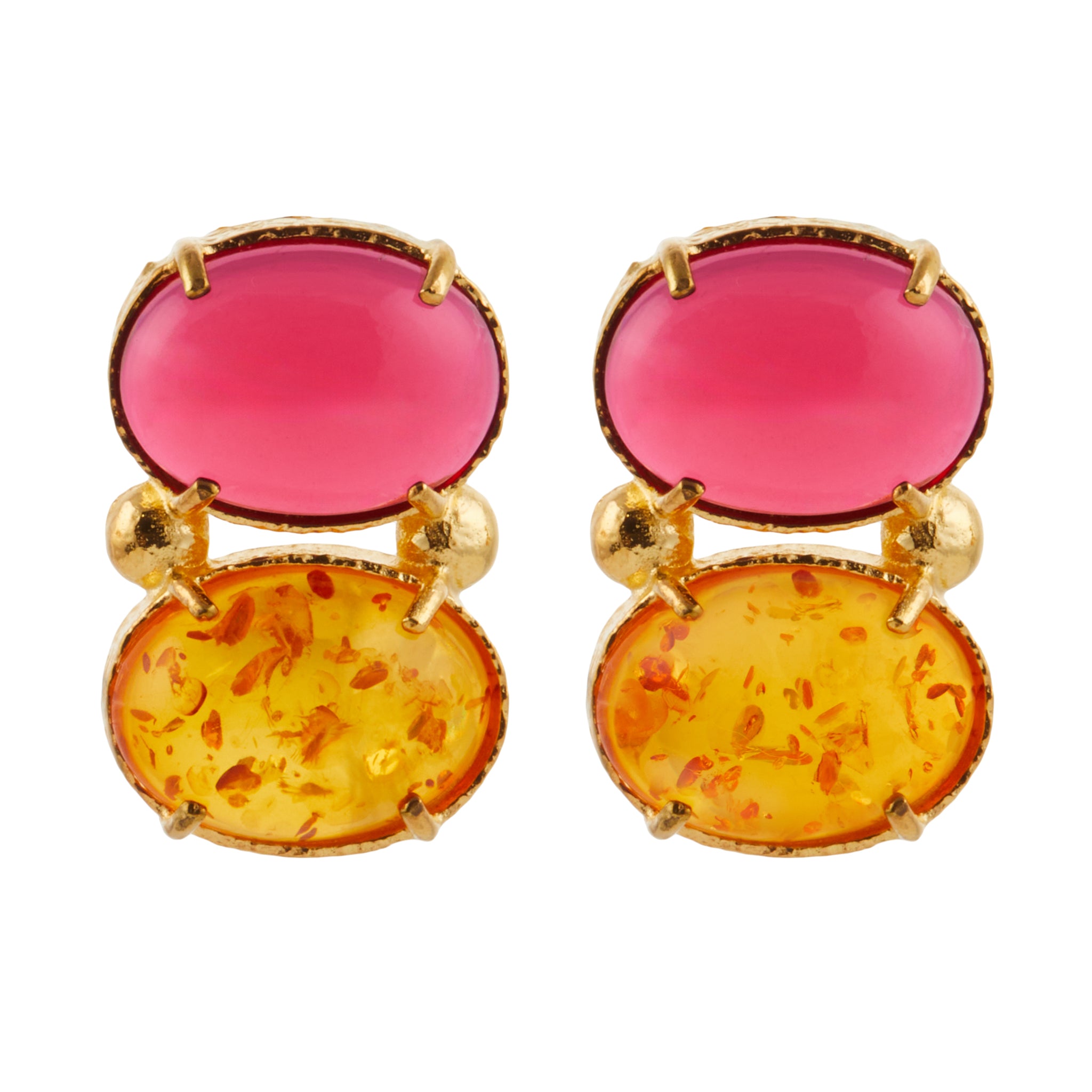 Christie Nicolaides Lolli statement stud earrings with hot pink and orange amber stones, 24k gold plated brass