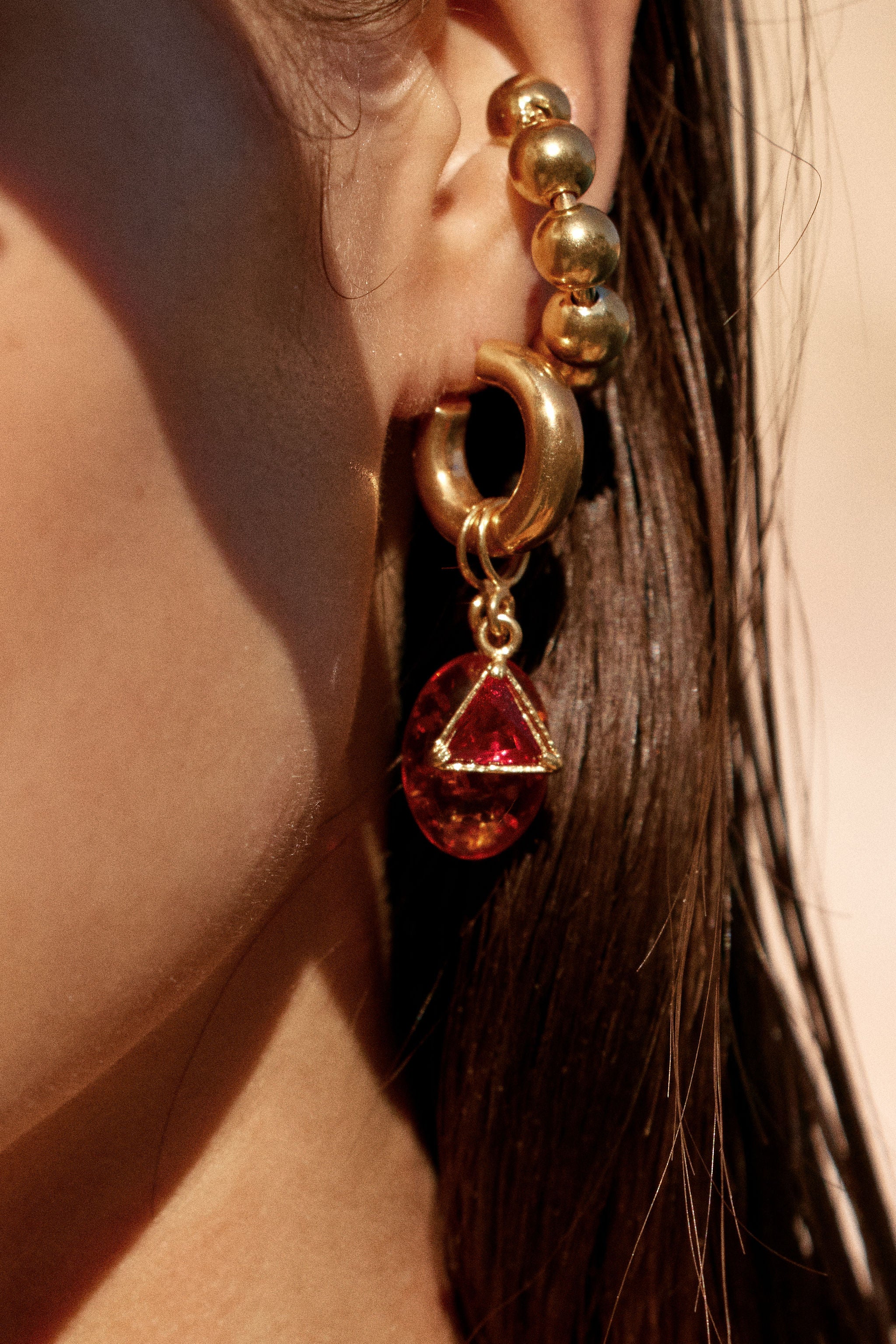 Christie Nicolaides Natalia hoop drop earrings with orange and amber stones and, 24k gold plated brass