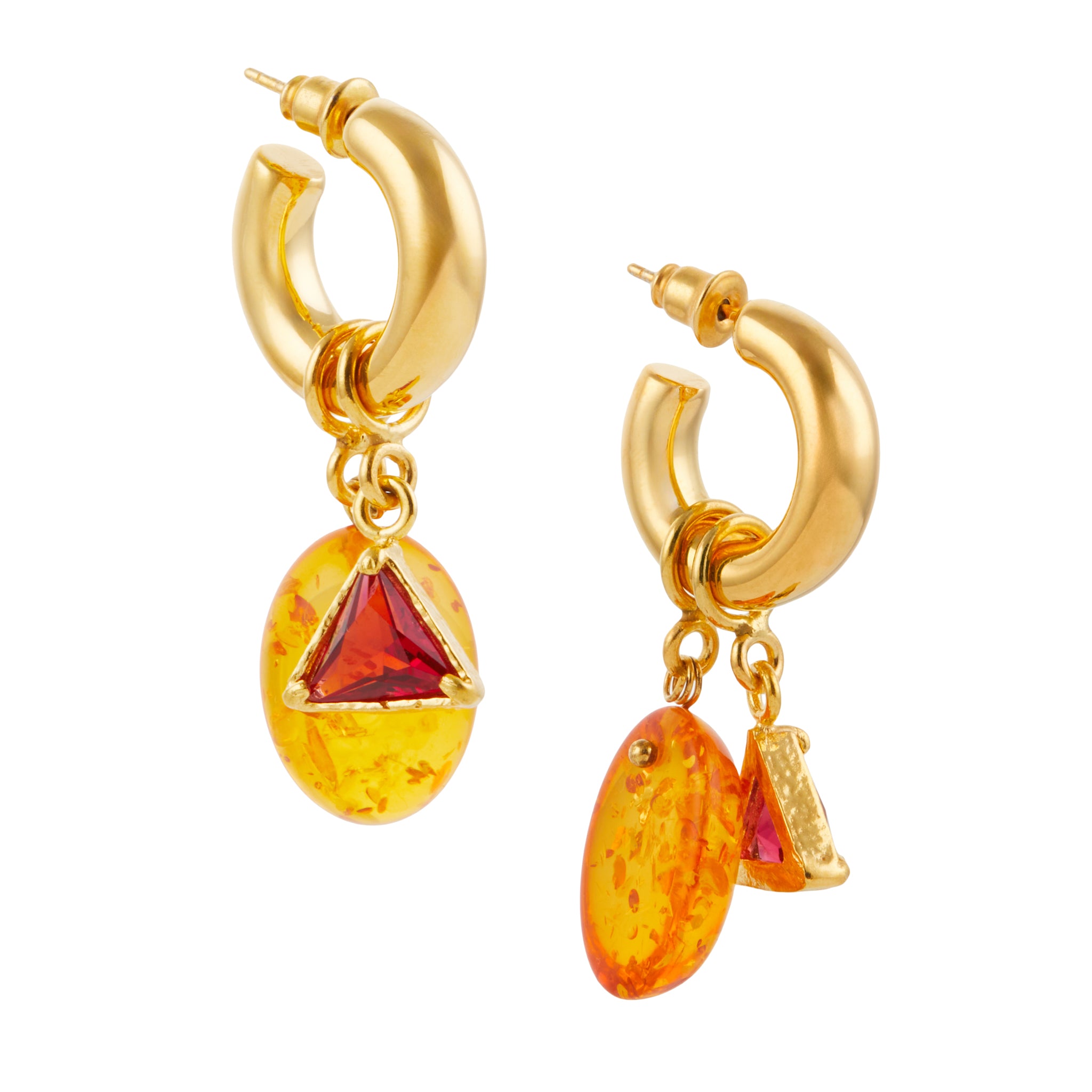 Christie Nicolaides Natalia hoop drop earrings with orange and amber stones and, 24k gold plated brass