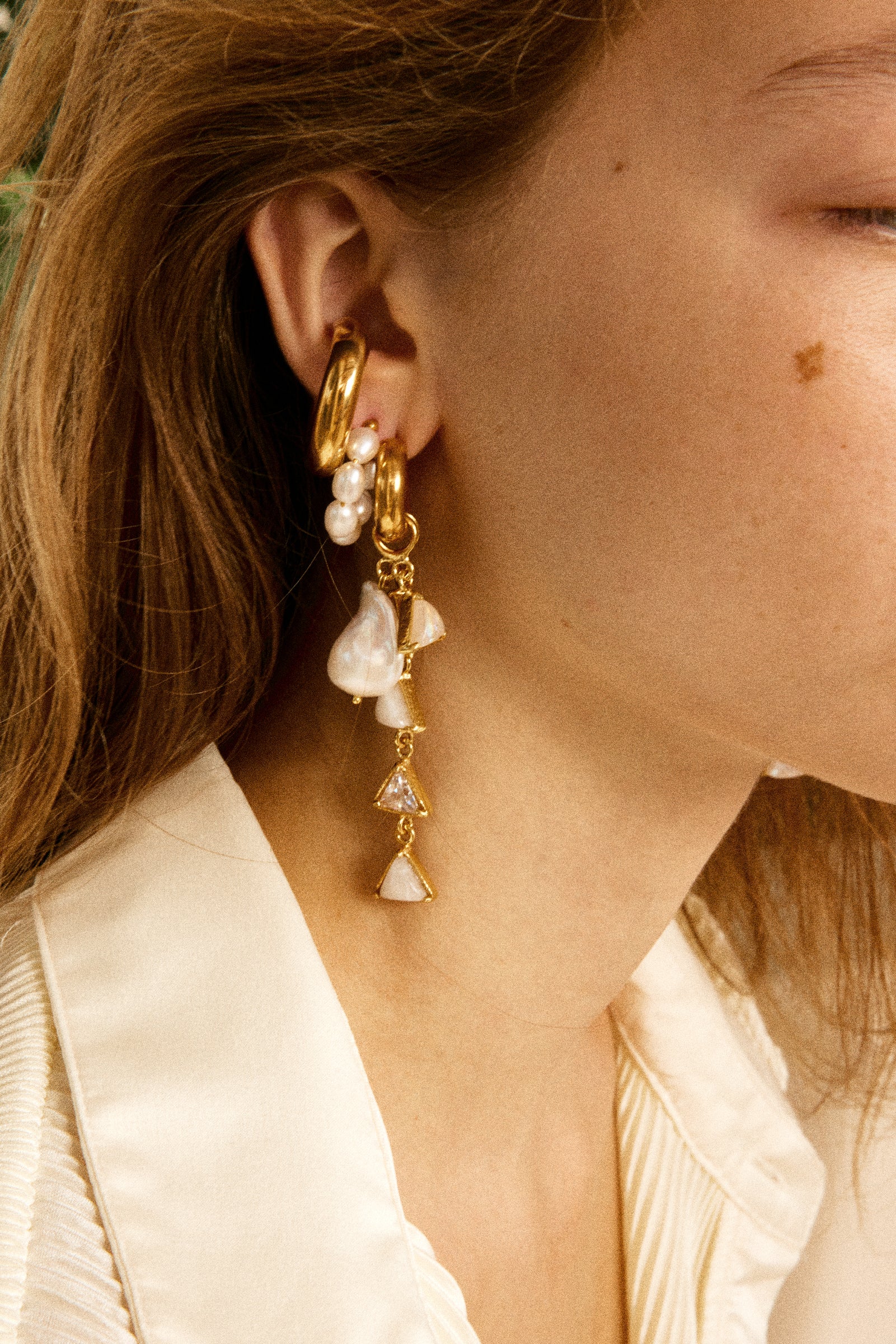 Christie Nicolaides Nicoleta Earrings with interchangeable clear crystal, moonstone, pearl charms, 24k gold plated