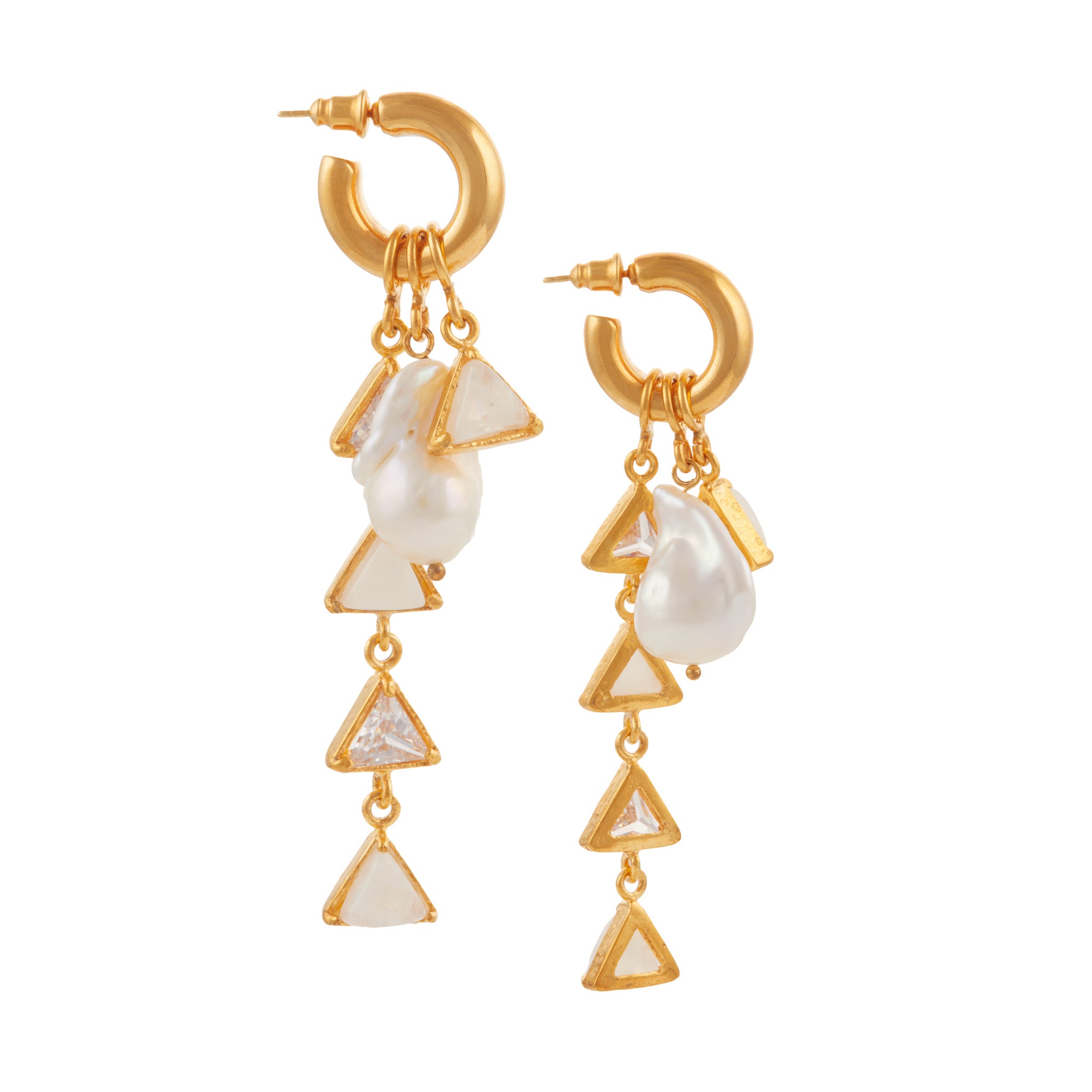 Christie Nicolaides Nicoleta Earrings with interchangeable clear crystal, moonstone, pearl charms, 24k gold plated