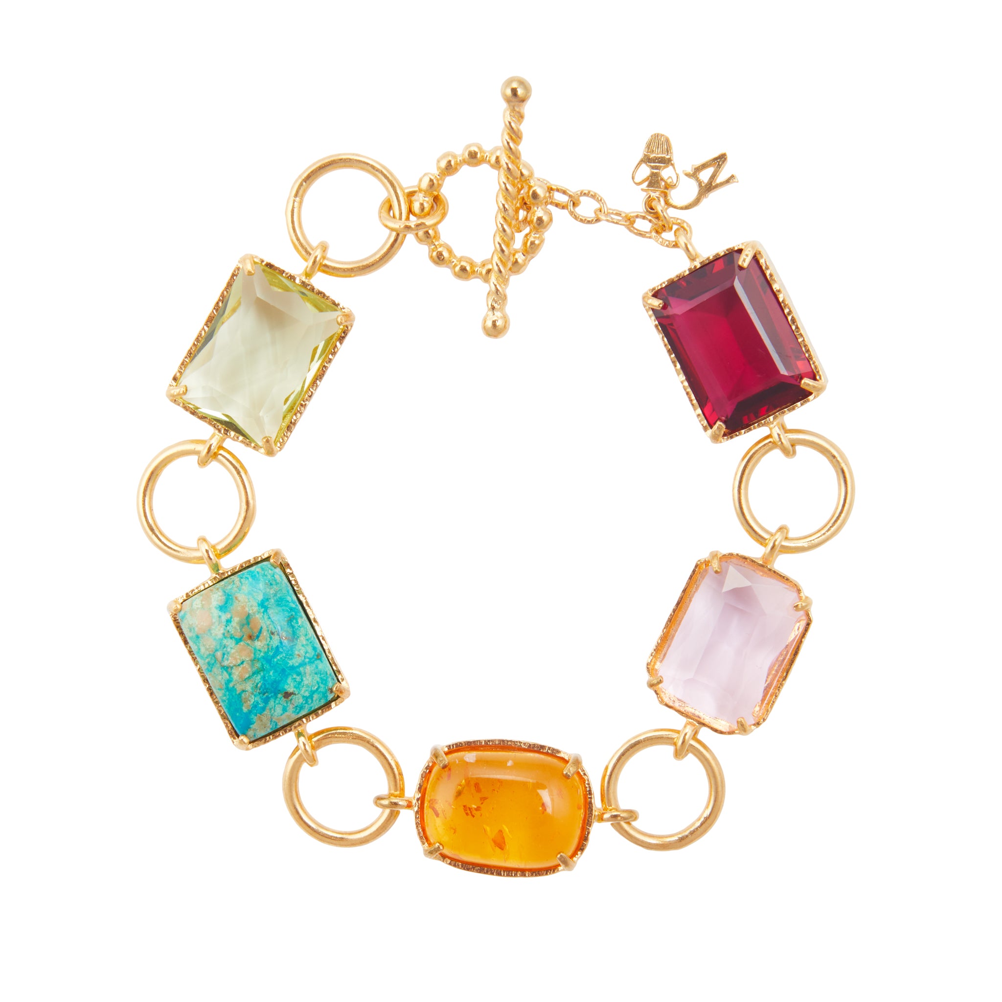 Christie Nicolaides Semprivia Bold Bracelet with multicoloured hot pink, pale pink, green, blue and orange stones, 24k gold plated